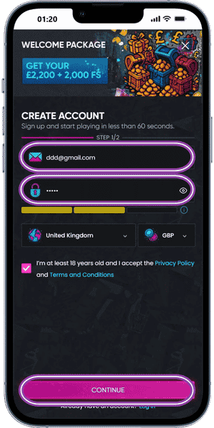Gold Blitz Create Your Account Details